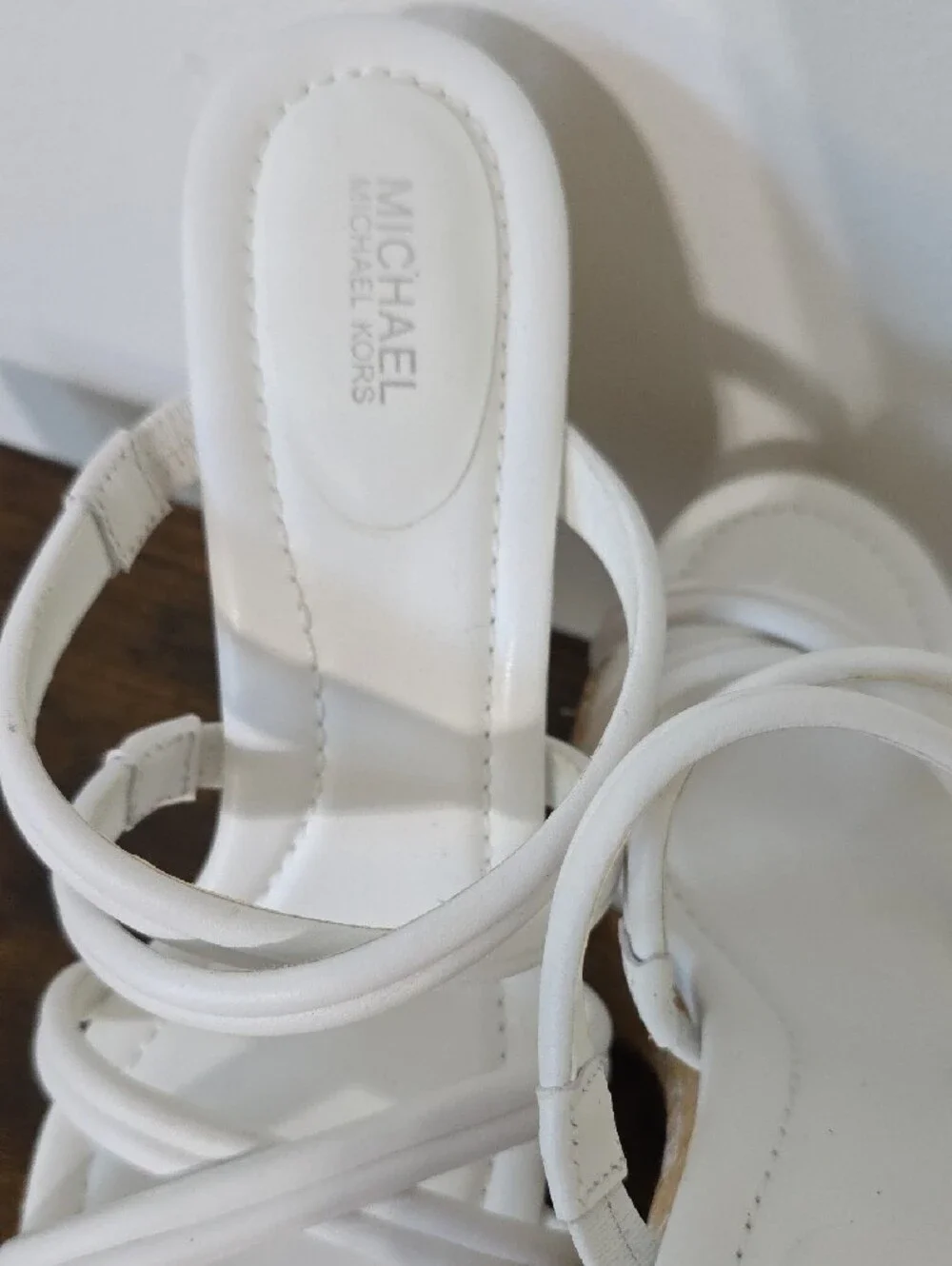 Michael Kors White Strappy Platform Sandals with Tan Patterned Heel